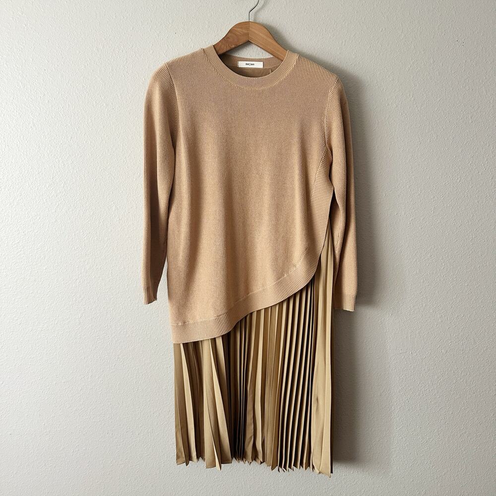 Pleated Midi Dress with Knit Top - Beige